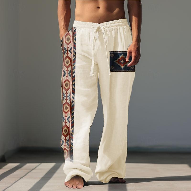 Men's Tribal Argyle Linen Pants Pants Trousers Baggy Pants Mid Waist Vintage Outdoor Daily Wear Streetwear Fall & Winter Green Khaki Gray 5