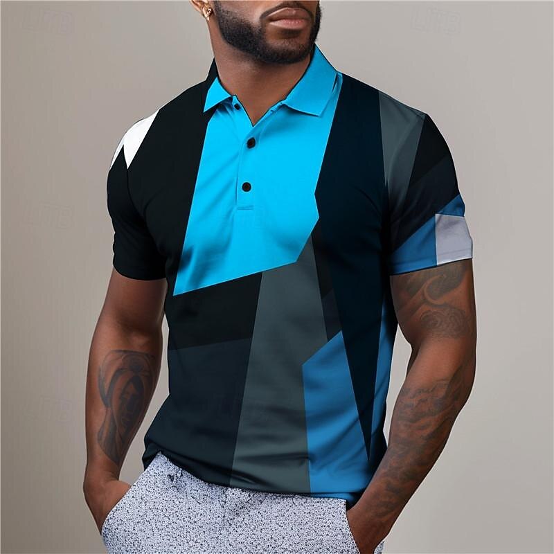 Men's Plaid Golf Shirt Short Sleeve Polo Shirts Collared Shirts Vintage Casual Vacation Wear Formal Wear Festival Wear Buttons 3D Print Summer Red Blue Purple