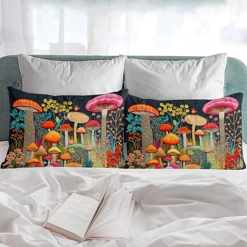Pillowcases Set of 2 Queen Size Mushroom Pattern Duvet Cover Set Printed Pillow Cases Soft Breathable Cooling Pillowcase Decorative Pillow Cover (20x30 Inches)2