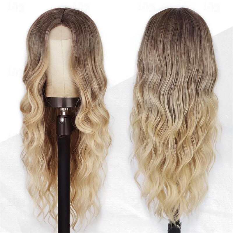 Long Wavy Wig Ombre blonde wig Middle Part Curly Wavy Hair for Women 24 Inch Long Blonde Wig Natural Looking Heat Resistant Hair for Girls Daily Party Use3