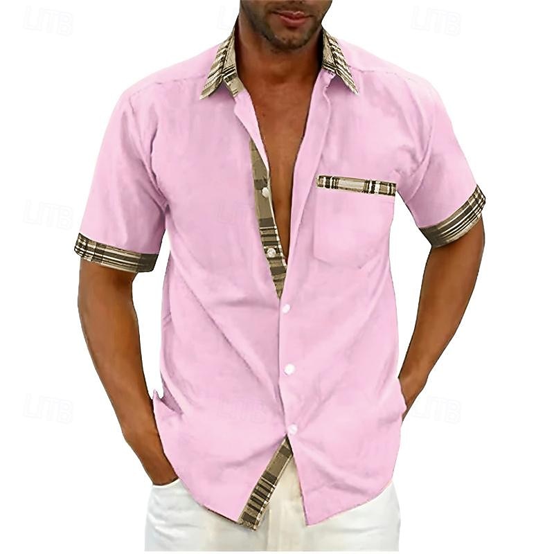 Men's Shirt Summer Shirt Button Up Shirt Black White Pink Red Purple Short Sleeve Color Block Plaid / Check Turndown Street Casual Button-Down Clothing Apparel Cotton Cotton Blend Sports Fashion
