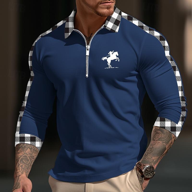 Men's Polo Shirt Quarter Zip Polo Daily Wear Vacation Lapel Long Sleeve Fashion Comfortable Plaid Color Block Embroidery Zip Up Spring &  Fall Regular Fit White Yellow Navy Blue Blue Polo Shirt2