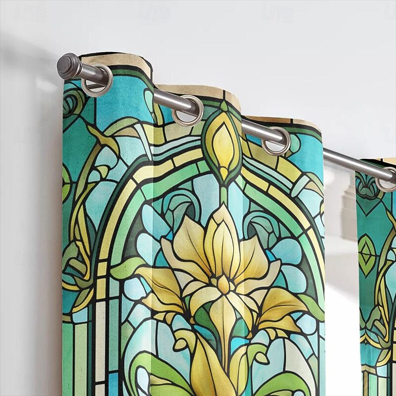 2 Panels 100% Blackout Curtain Stained Glass Pattern Curtain Drapes For Living Room Bedroom Kitchen Window Treatments Thermal Insulated Room Darkening4