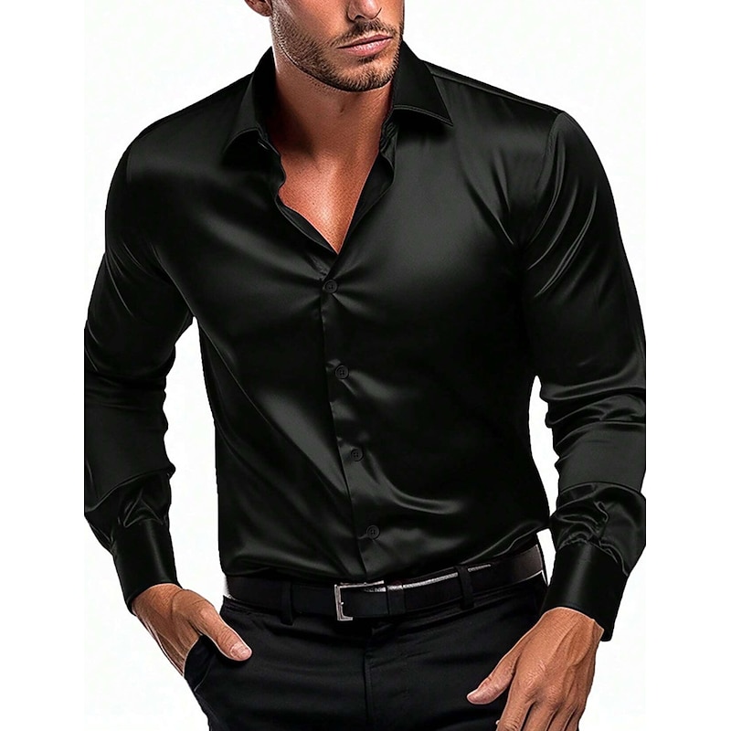 Men's Shirt Satin Shirt Casual Shirt Button Up Shirt Plain Wedding Vacation Black White Wine Navy Blue Long Sleeve Lapel Spring &  Fall Clothing Apparel