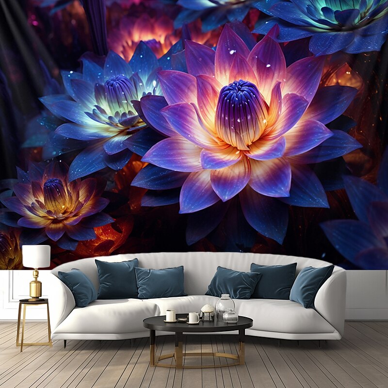 Blacklight Tapestry UV Reactive Glow in the Dark Glow Party Neon Lotus Flower Nature Psychedelic Trippy Misty Hanging Tapestry Wall Art Mural for Living