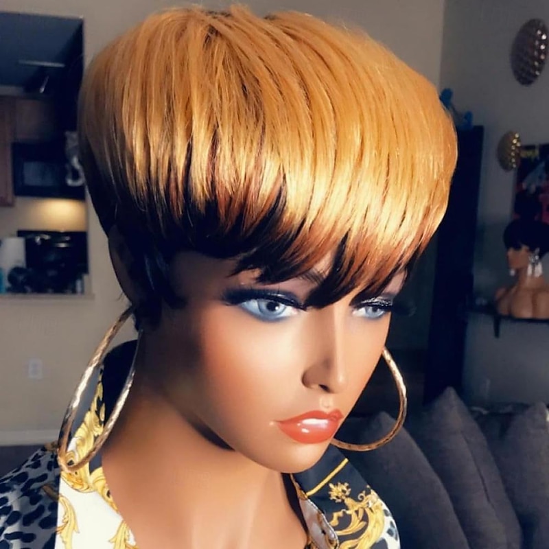 Human Hair Short Bob Pixie Cut Wigs for Black Women Short Layered Wigs with Bangs Brazilian Virgin Human Hair Wigs Glueless Black With Brown Color3