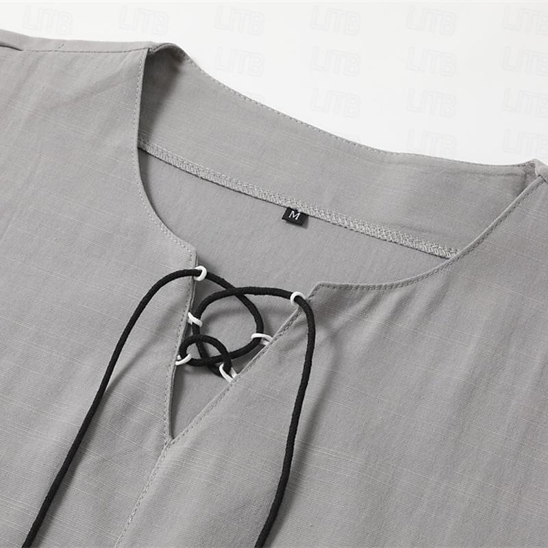 Men's Shirt Linen Shirt Viking Style Pirate Shirt Summer Shirt Beach Wear Black White Pink Blue Long Sleeve Plain V Neck Spring & Summer Casual Daily Clothing Apparel Lace up3