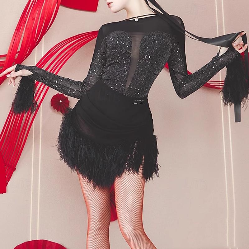 Latin Dance Exotic Dancewear Latin Salsa Dance Dress Glitter Women's Performance Daily Wear Long Sleeve Tulle3