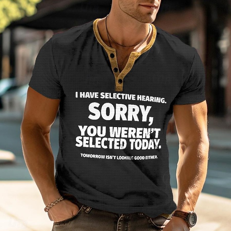 Men's Funny Henley T-Shirt "Selective Hearing" Sarcastic Quote Graphic Top for Casual Lifestyle4