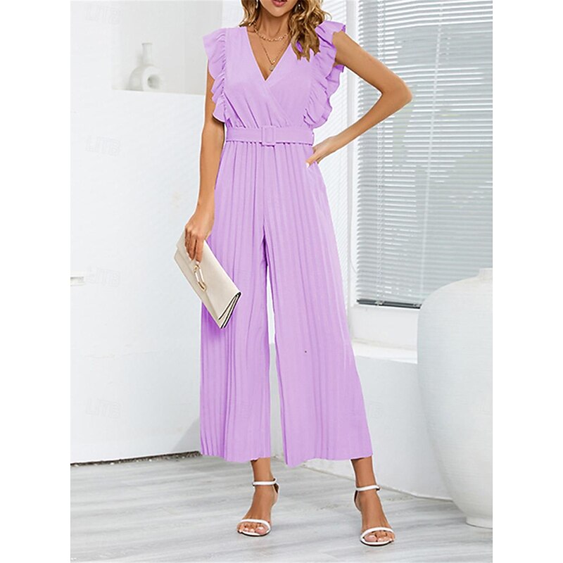 Women's Normal Jumpsuit Elegant Solid Color Sleeveless V Neck Ruffle High Waist Street Daily Regular Fit Black White Blue Summer4