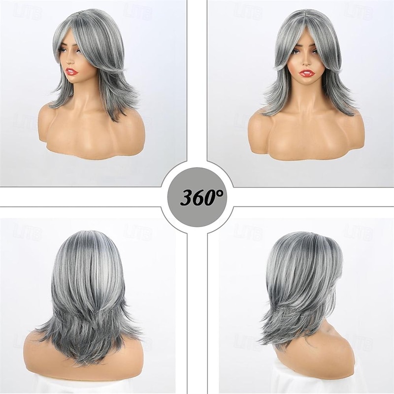 Ombre Silver Gray Womens Salt and Pepper Wigs for Women Bob Layered Wig with Curtain Bangs Short Pixie Haircuts for Older Women Synthetic Medium Length Bob Wigs for Women2