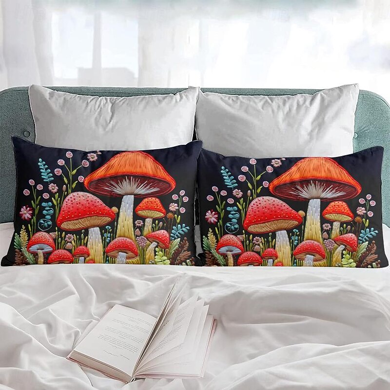 Pillowcases Set of 2 Queen Size Mushroom Pattern Duvet Cover Set Printed Pillow Cases Soft Breathable Cooling Pillowcase Decorative Pillow Cover (20x30 Inches)4