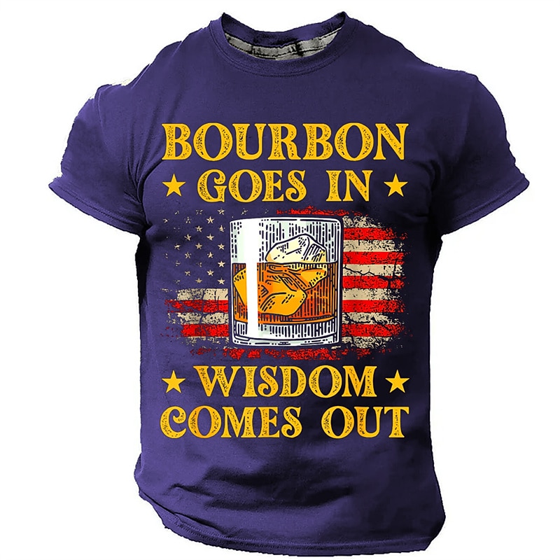 Men's Funny Bourbon Graphic T-Shirt - 'Bourbon Goes In Wisdom Comes Out' Patriotic American Flag Tee3