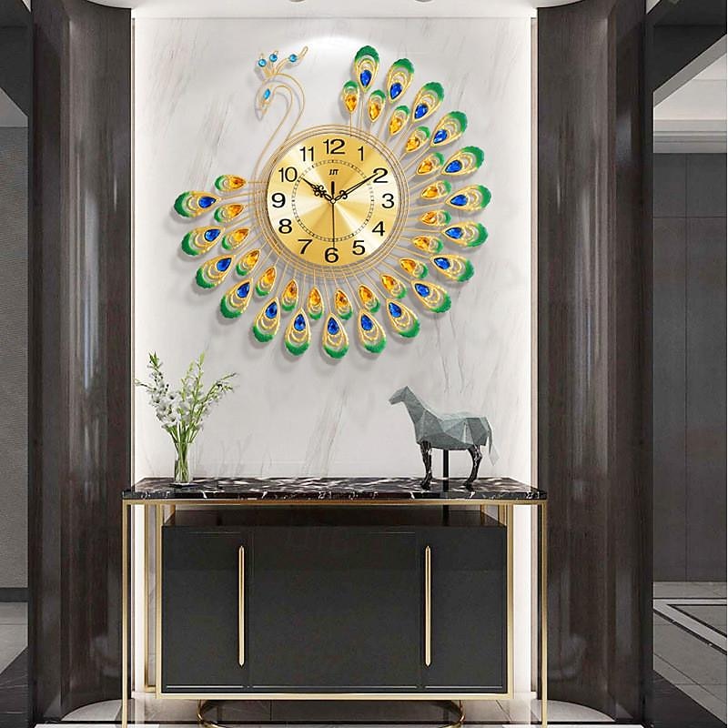 Large Wall Clocks for Living Room Decor Gold Decoration Wall Clock Silent Battery Operated Non Ticking for Bedroom Kitchen 15 Inch Retro Peacock Crystal Wall Watch Quartz for Home Office Indoor