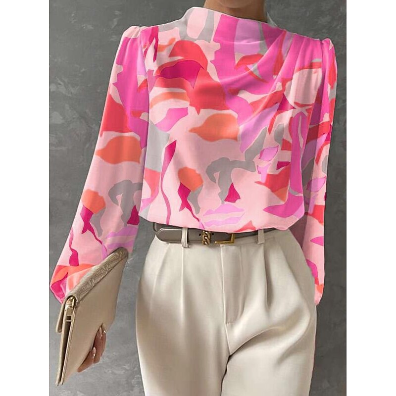 Women's Blouse Long Sleeve Fashion Print Regular Tops Crew Neck Work Yellow Pink Red Spring &  Fall2