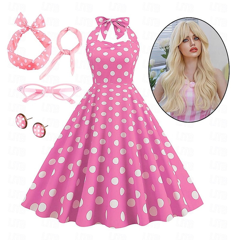 Women's A-Line Rockabilly Dress Flare Dress with Accessories Set 1950s 60s Retro Vintage with Headband Scarf Earrings Cat Eye Glasses 5PCS For Vintage Swing Party Dress With Costume Wig