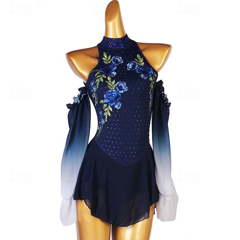 Dance Salsa Latin Dance Dress Rhinestone Women's Girls' Performance Training Long Sleeve High Chiffon Spandex