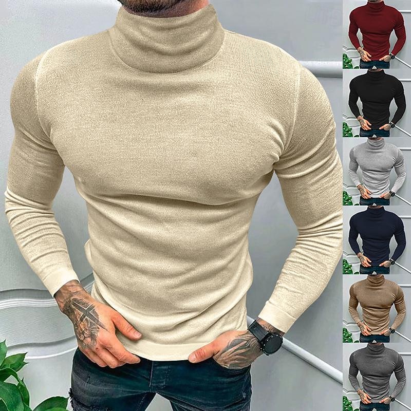 Men's T Shirt Tee Turtleneck shirt Knit Tee Long Sleeve Turtleneck Spring &  Fall Plain Fashion Designer Basic Knit Vacation Street Going out Black Wine Navy Blue Top Tee for Men