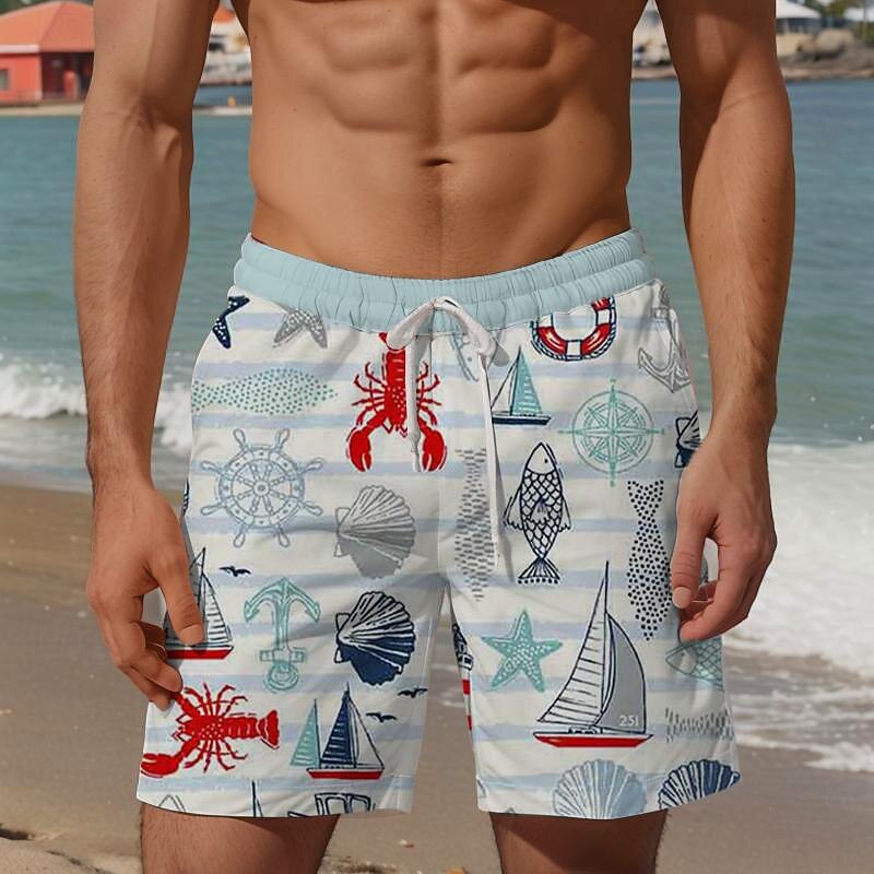 Men's Ocean Anchor Marine Life Swim Trunks Swim Shorts Board Shorts Mid Waist Vacation Hawaiian Holiday Vacation Holiday Beach Drawstring with Mesh lining Elastic Waist Designer Clothing Apparel