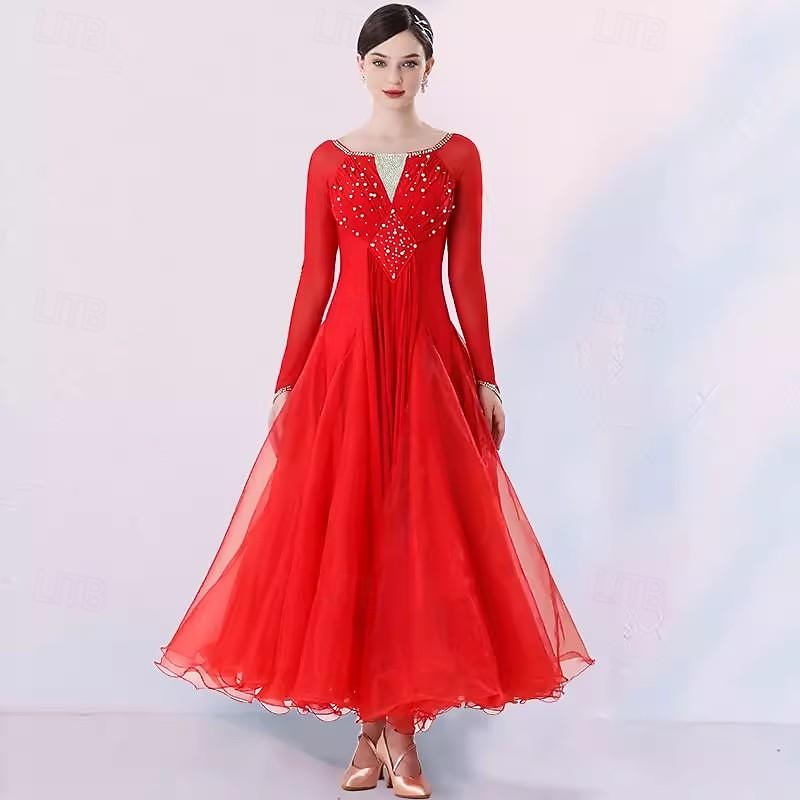 Ballroom Dance Dress Splicing Crystals / Rhinestones Women's Performance Party Long Sleeve Mesh Spandex Organza - Main Image