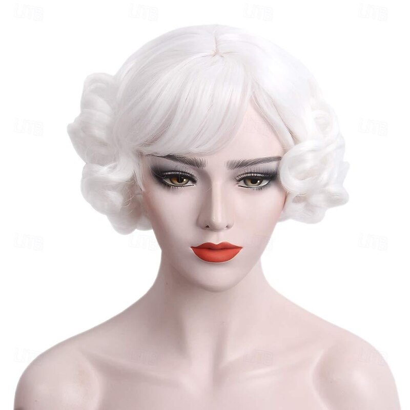 Short Curly White Women Wig with Bangs Heat Resistant Synthetic Hair Water Wave Womens Wigs for Old Lady Cosplay Daily 20s Costume Anime Carnival Halloween Wigs2