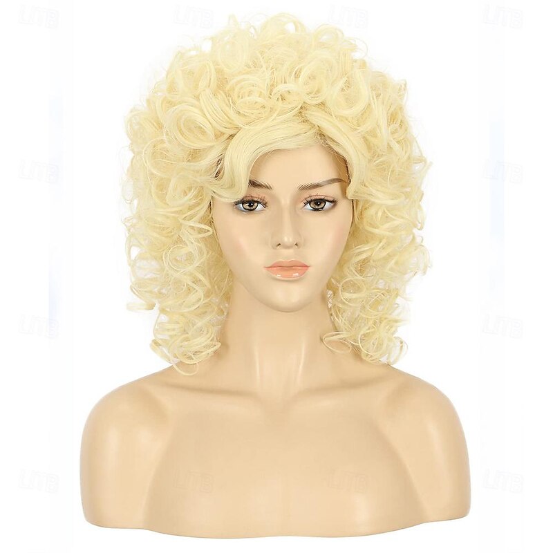 Adult Women Long Curly Wavy Blonde Wig 70s 80s Rocker Star Carnival Cosplay Costume Anime Wig Halloween Wigs