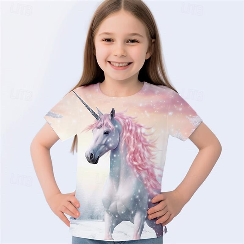 Girls' 3D Unicorn Tee Shirt Pink Short Sleeve 3D Print Summer Active Fashion Cute Polyester Kids 3-12 Years Crew Neck Outdoor Casual Daily Regular Fit