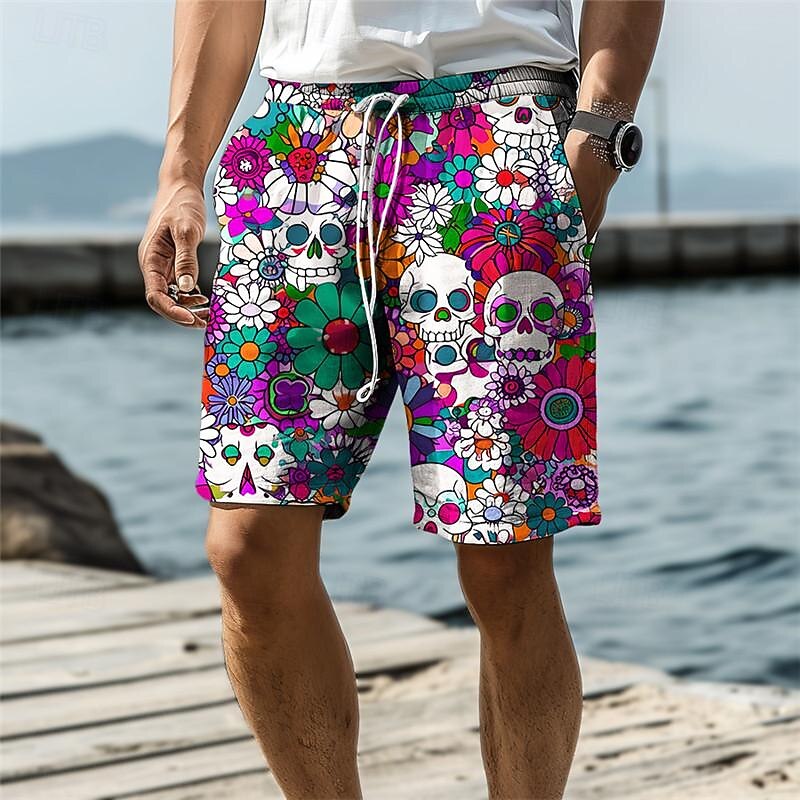Men's Skull Flower / Floral Swim Trunks Swim Shorts Board Shorts Mid Waist Vacation Hawaiian Holiday Vacation Holiday Beach Drawstring with Mesh lining Elastic Waist Designer Clothing Apparel3