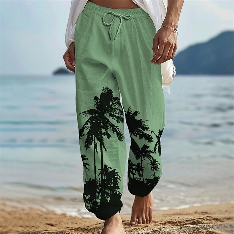 Men's Coconut Tree Linen Pants Pants Trousers Baggy Pants Mid Waist Vintage Outdoor Daily Wear Beach Fall & Winter White Blue Green4