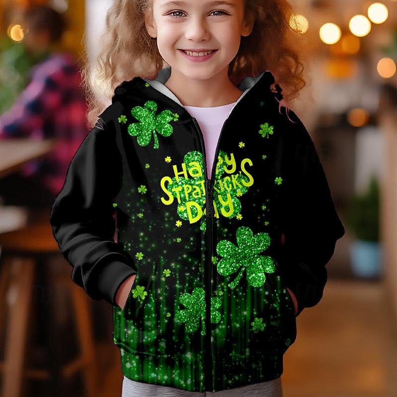 St. Patrick Girls' 3D Four Leaf Clover Hoodie Coat Outerwear Long Sleeve Fall Winter Active Cute Streetwear Polyester Kids 3-12 Years Zip Street Daily Regular Fit - Main Image