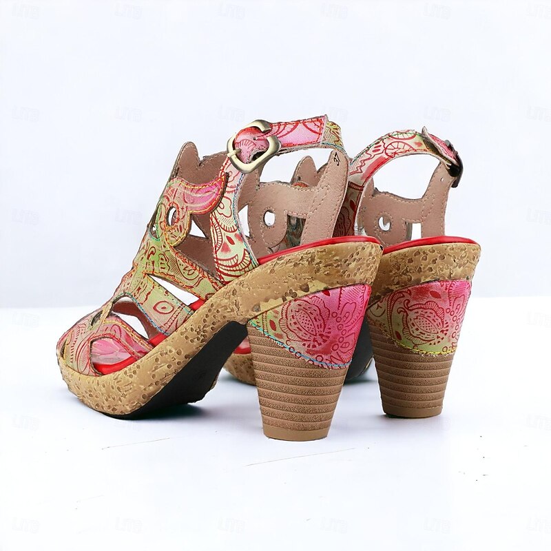 Women's Heels Sandals Handmade Shoes Vintage Shoes Party Daily Beach Floral Cone Heel Fantasy Heel Elegant Bohemia Vintage Leather Buckle Red Blue Brown4