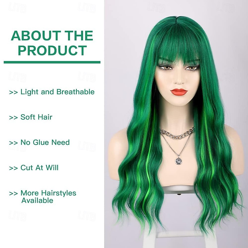 Green Wig with Bangs Long Wavy Green Wigs for Women Heat Resistant Wavy Wig for Daily Party Use St.Patrick's Day Wigs Halloween Wigs2