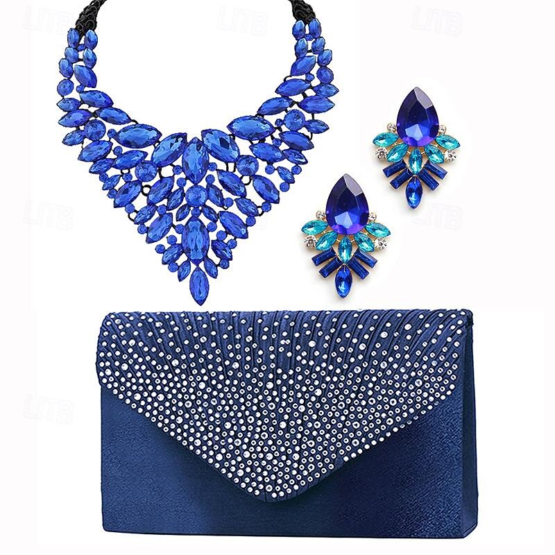 Light Luxury Water Drop Crystal Gem Necklace Earring Bag Three Piece Set Dinner Jewelry Set Handbag