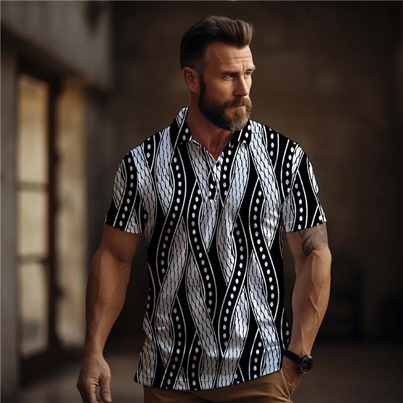 Men's Geometric Golf Shirt Short Sleeve Polo Shirts Collared Shirts Vacation Wear Formal Wear Festival Wear Buttons 3D Print Summer White Brown Khaki