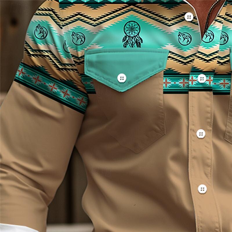 Men's Cowboy Western Shirt Button Up Shirt Cowboy Shirt Long Sleeve Vintage Western Daily Wear Going out Weekend Spring Fall Winter Turndown Collared Shirts 3D Print Front Pocket Pink Green Khaki3