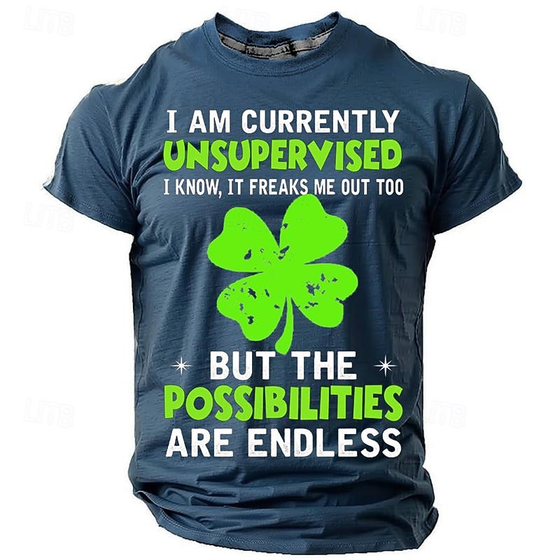 St. Patrick Men's Four Leaf Clover Shamrock I Am Currently Unsupervised I Know It Freaks Me out Too Lucky Irish T Shirt T shirt Tee Short Sleeve T shirt 3D Print Crew Neck Shirt Daily Designer Retro3