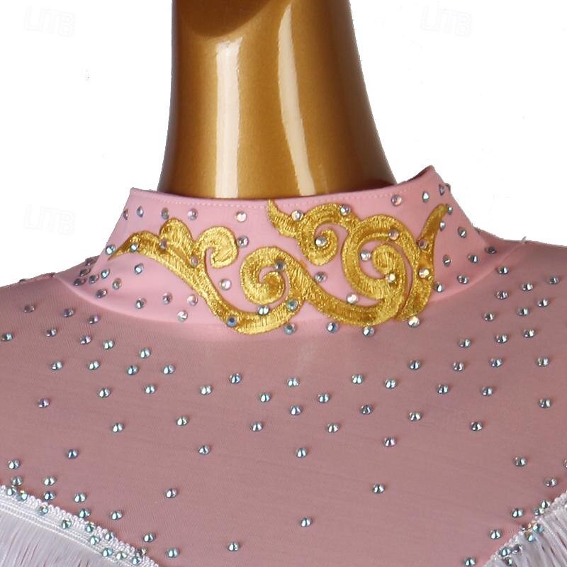 Dance Salsa Latin Dance Dress Rhinestone Tassel Women's Girls' Performance Training Long Sleeve High Spandex Tulle4
