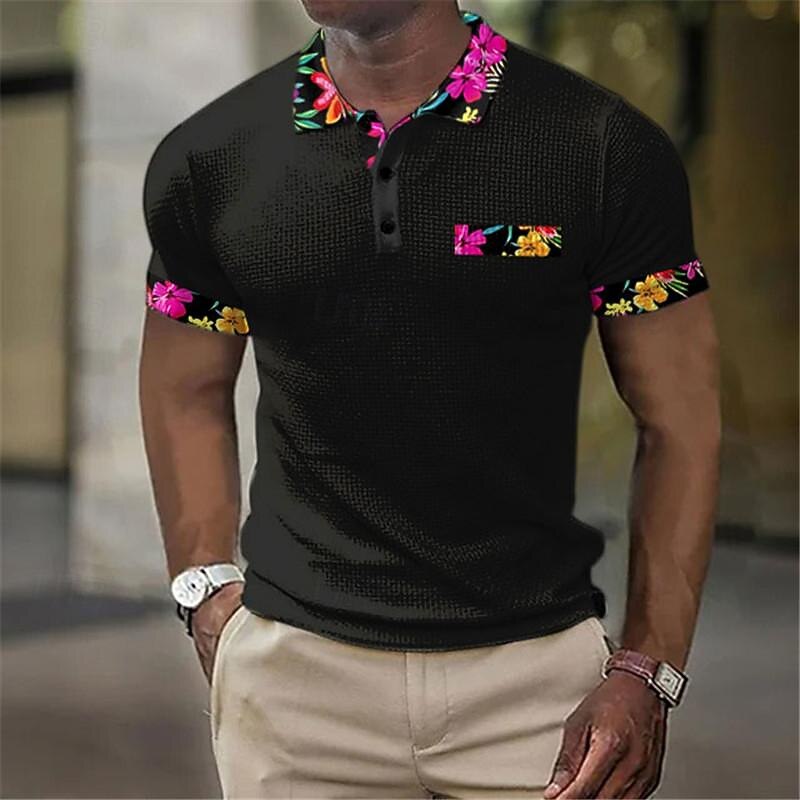 Floral Men's Business Casual 3D Print Waffle Polo Shirt Street Wear to work Daily Wear Waffle Fabric Short Sleeve Turndown Polo Shirts Black White Summer S M L Micro-elastic Lapel Polo