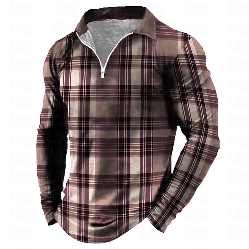 Men's Plaid Zip Polo Shirts Golf Shirt Long Sleeve Polo Shirts Collared Shirts Vintage Casual Vacation Wear Formal Wear Festival Wear 3D Print Quarter Zip Polo Spring Pink Purple Khaki3