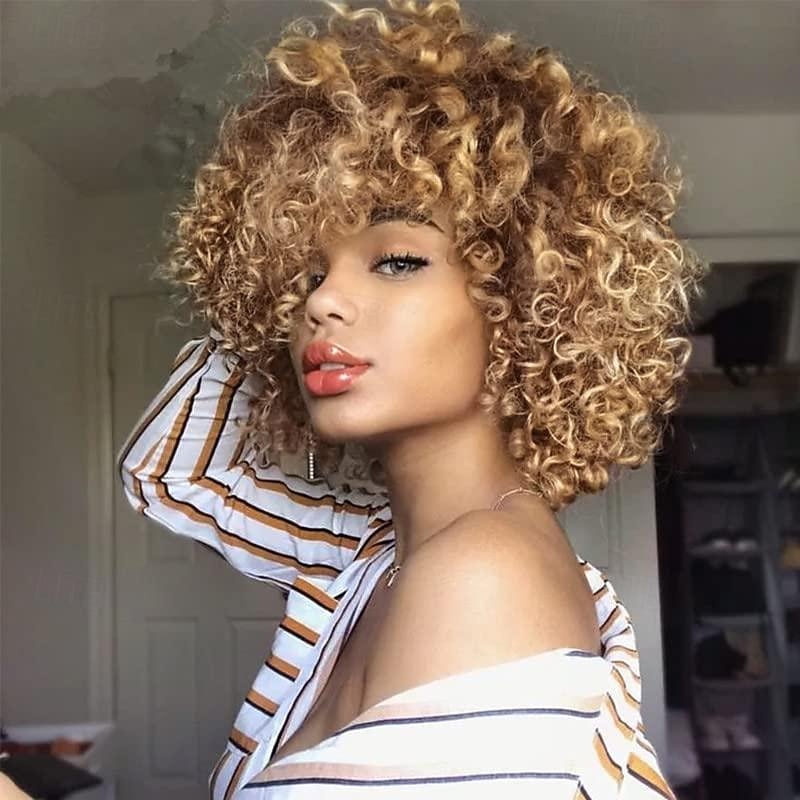 Afro Blonde Curly Wigs for Black Women,Kinky Blonde Wig With Bangs Synthetic Heat Resistant Hair for Daily Use2