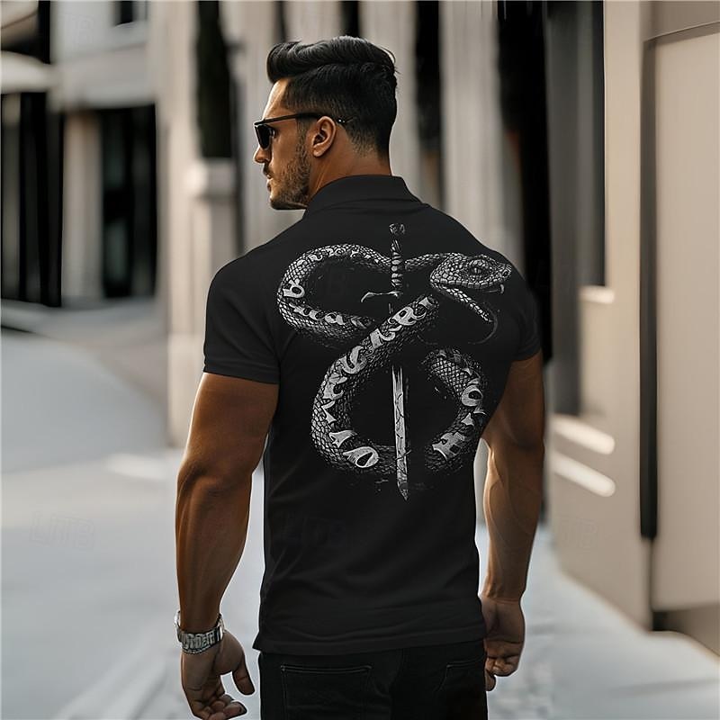 Men's Snake Polo Shirts Golf Shirt Short Sleeve Polo Shirts Collared Shirts Casual Funny Streetwear Vacation Wear Party Outfits Buttons 3D Print Summer Spring Fall Black White Khaki