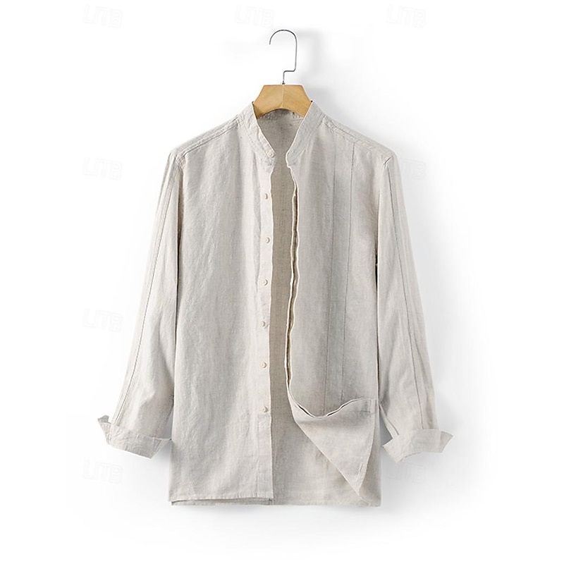 100% Linen Men's Linen Shirt Shirt Button Up Shirt Beach Shirt Yellow Navy Blue Green Long Sleeve Plain Stand Collar Spring &  Fall Outdoor Daily Clothing Apparel2