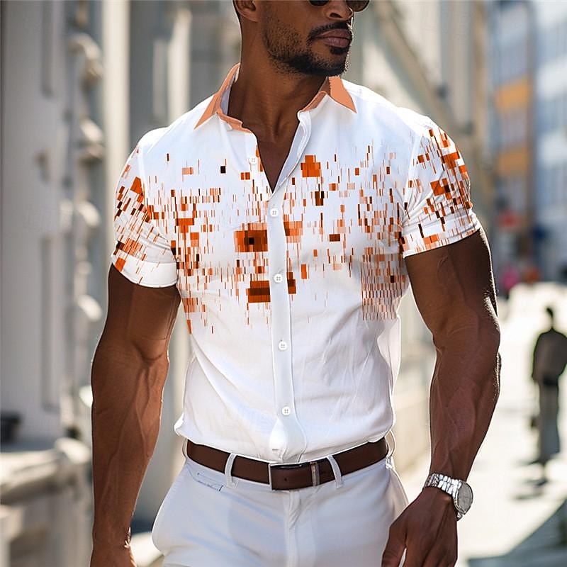 Men's Geometric Pattern Geometry Printed Shirts Short Sleeve Business Casual Outdoor Street Wear to work Summer Turndown Print Button-Down White Blue Orange