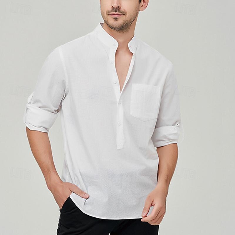 Men's Shirt Linen Shirt Chinese Collar Shirt Mandarin Collar Shirt Summer Shirt Beach Shirt Plain Vacation Street Black White Yellow Pink Long Sleeve Band Collar Summer Clothing Apparel Front Pocket