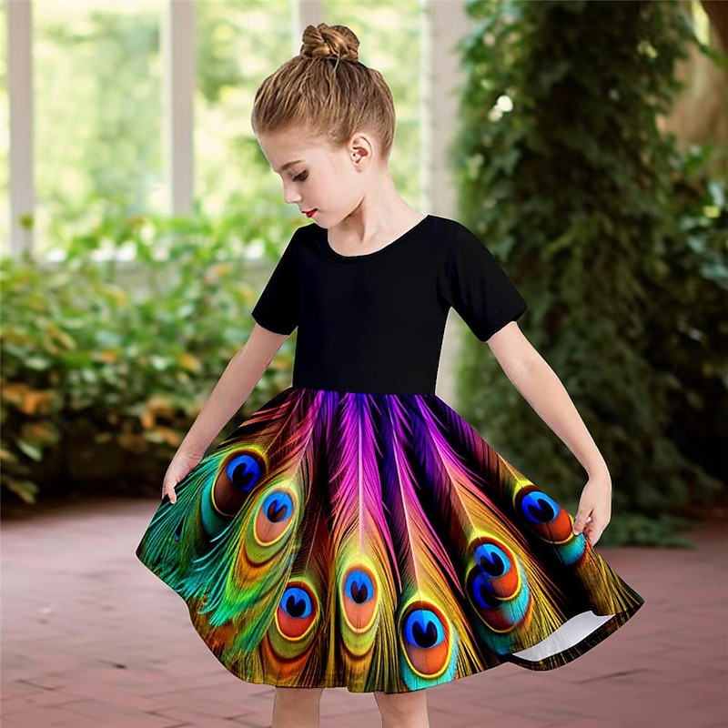 Girls' 3D Peacock Dress Short Sleeve 3D Print Summer Daily Holiday Casual Beautiful Kids 3-12 Years Casual Dress Skater Dress Above Knee Regular Fit2