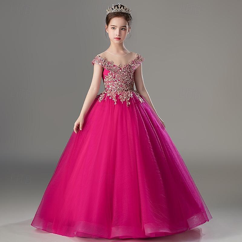 Kids Girls' Party Dress Solid Color Short Sleeve Performance Wedding Mesh Princess Sweet Mesh Mid-Calf Sheath Dress Tulle Dress Flower Girl's Dress Summer Spring Fall 2-12 Years Rose Red2