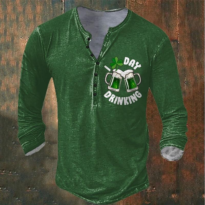 St. Patrick st paddys Shamrock Beer Men's  Casual 3D Print T shirt Tee Henley Shirt Holiday Going out St. Patrick T shirt Green Black Long Sleeve Henley Shirt Spring & Fall Clothing Apparel