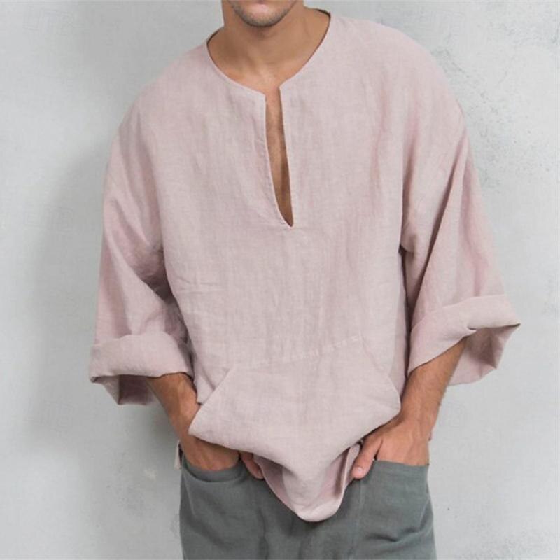 Men's Shirt Summer Shirt Casual Shirt Beach Shirt White Pink Navy Blue Long Sleeve Plain V Neck Vacation Hawaiian Clothing Apparel Cotton Cotton Blend Fashion Casual Comfortable4