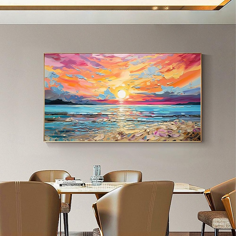 Oil painting Hand painted Impressionist Seaside Sunset Oil Painting On Canvas Modern Seascape Painting Abstract Colorful landscape painting Wall Art painting for Living room Home Decor