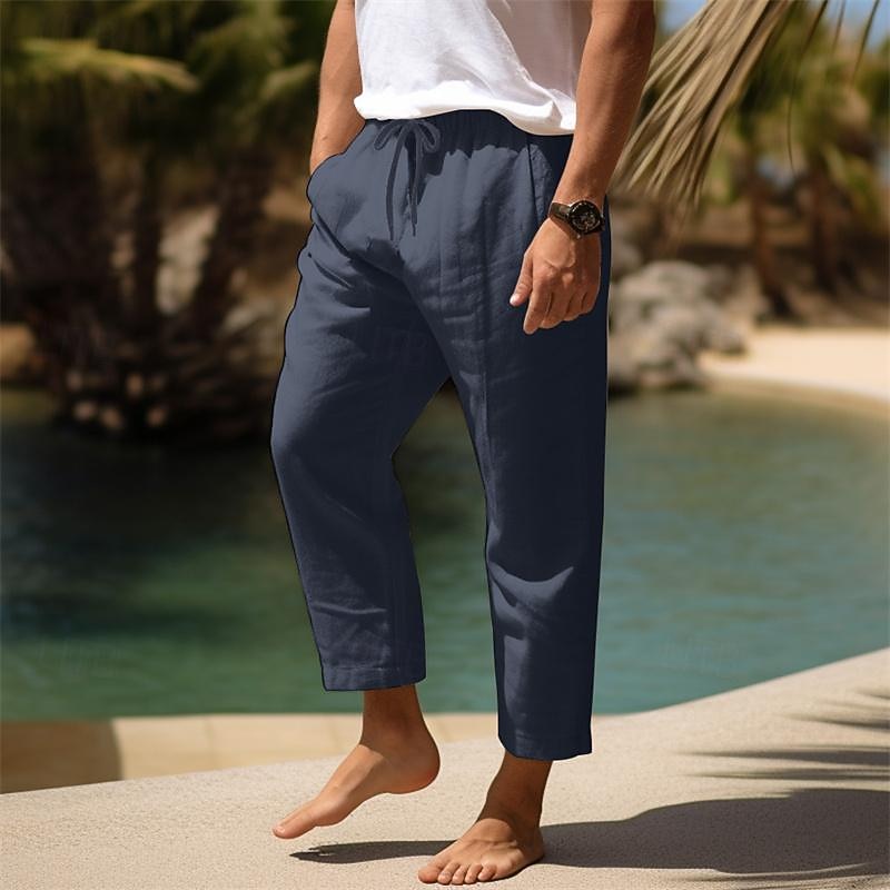 100% Linen Men's Linen Pants Trousers Summer Pants Pocket Drawstring Elastic Waist Plain Breathable Comfortable Daily Vacation Going out Classic Casual Navy Blue Light Grey2